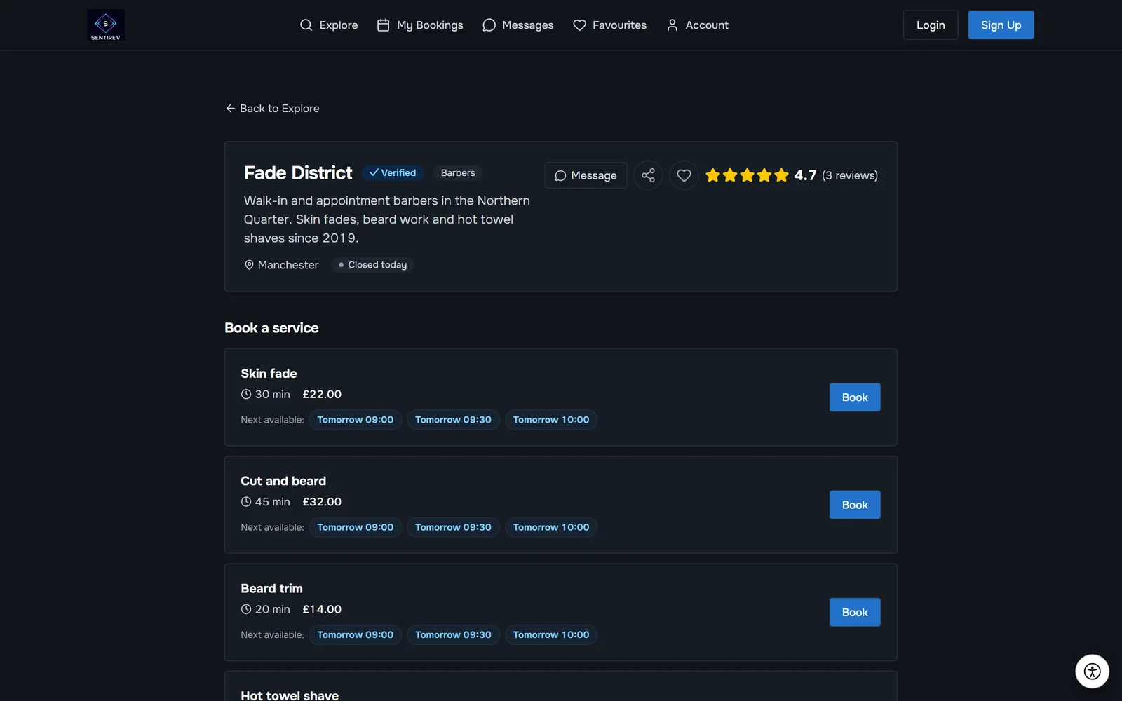 Listing and profile in SENTIREV