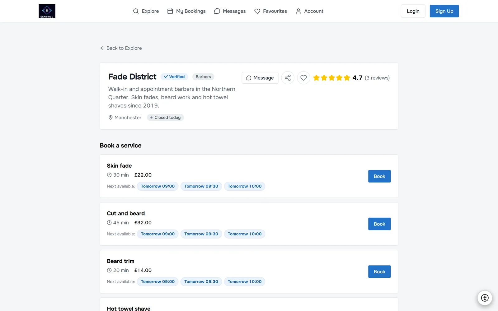 Listing and profile in SENTIREV