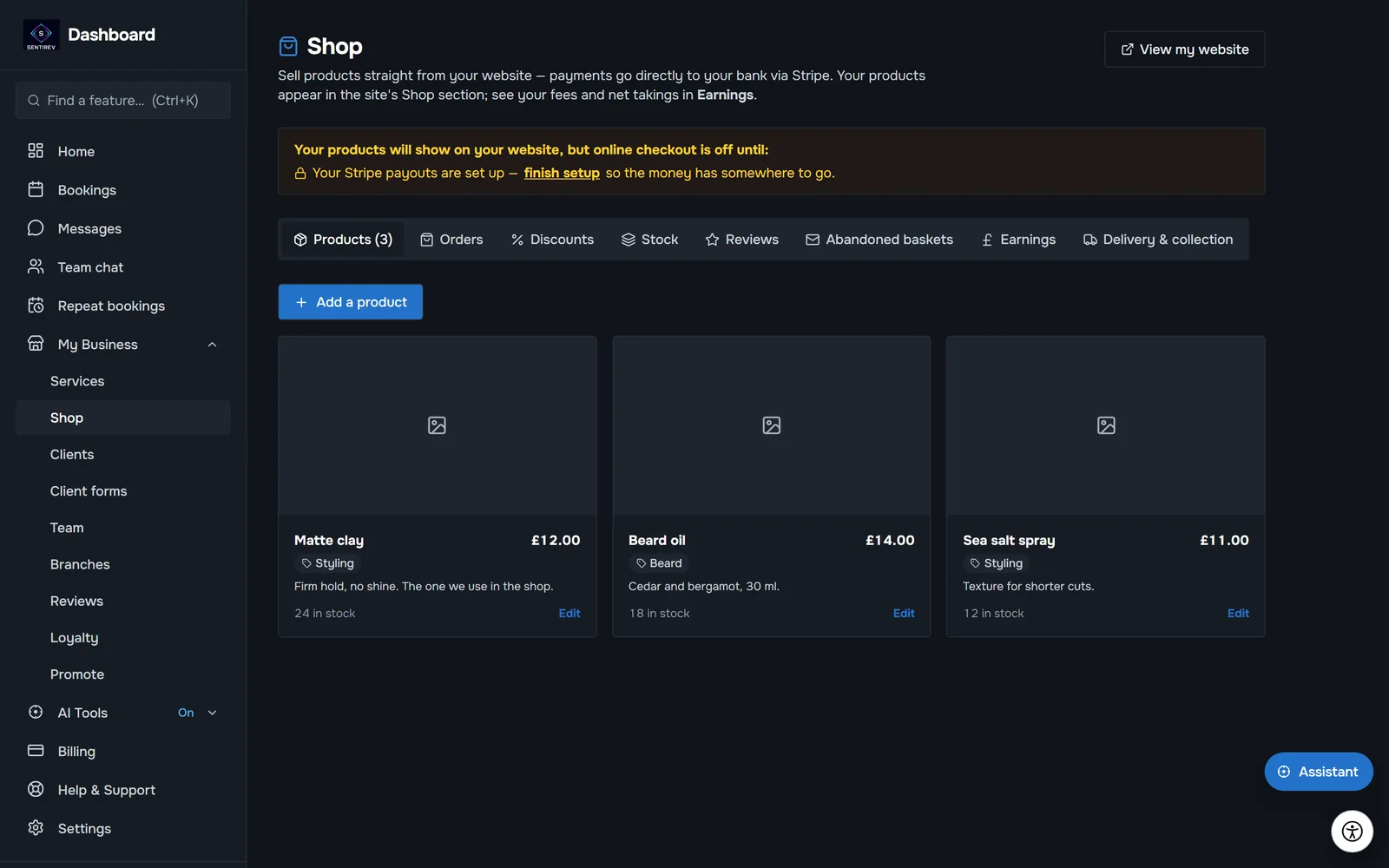 The shop in the SENTIREV dashboard