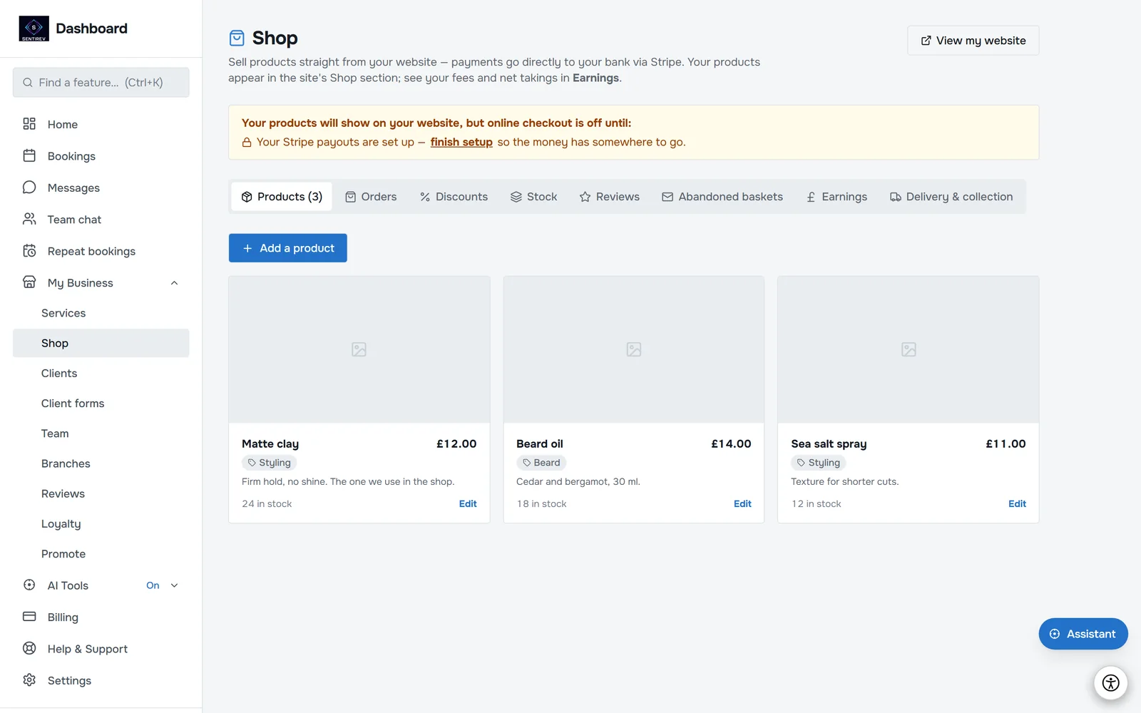 The shop in the SENTIREV dashboard